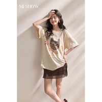 谜秀 搞怪猫咪印花T恤女 杏色 M