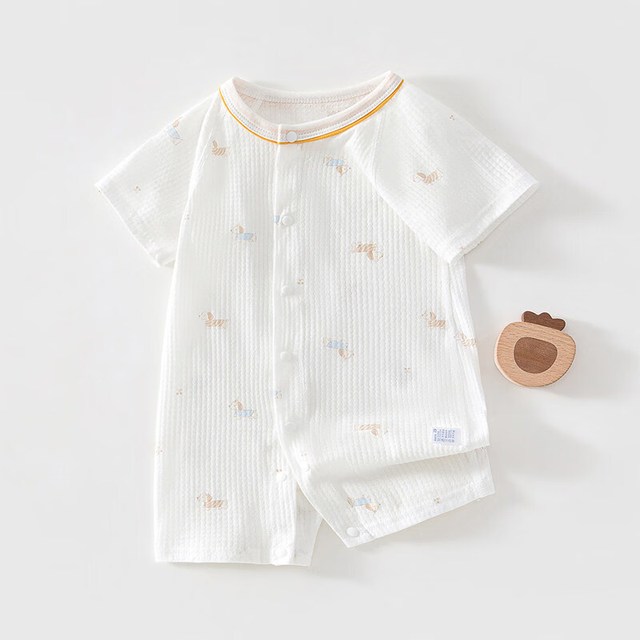 婧麒 新生婴儿衣服纯棉短袖坑条连体衣夏季薄款男女宝宝居家爬爬服
