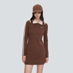 乐町 女士复古美式Polo裙 撞色织带翻领长袖裙