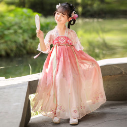安妮优儿 汉服女童夏季2025新款国风古装连衣裙超仙古风唐装儿童公主裙夏装 粉色 130