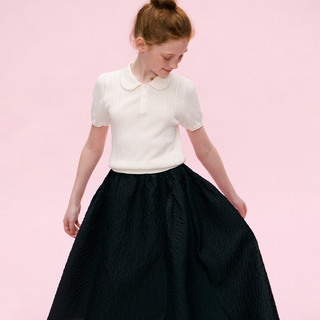 ELLE kids 女童法式短袖针织衫 娃娃领绞花 白色 110cm