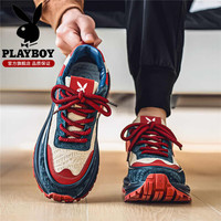 PLAYBOY 鞋子男款男鞋2026夏季新款透气老爹鞋潮流厚底男士休闲运动跑步鞋 红兰 41