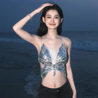 贺杨喻 纯欲性感辣妹亮片蝴蝶吊带背心女夏季新款别致漂亮海边沙滩泳衣潮 银色上衣(可搭任何比基尼穿) 均码
