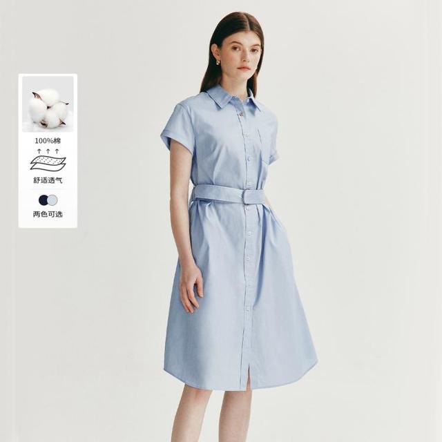 限尺码：E·LAND 衣恋 E.LAND 衬衫连衣裙女翻领收腰H直身版型中长款裙子夏款