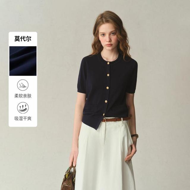 E·LAND 衣恋 E.LAND 衣恋针织T恤女下摆罗纹合身短袖上衣春秋季款