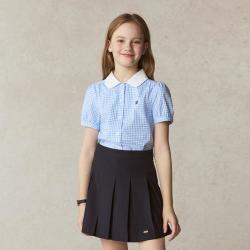E-LAND KIDS 衣恋童装女童衬衫春夏LOGO刺绣娃娃领格纹短袖上衣