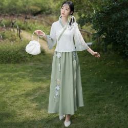 景华年 夏改良汉服新中式女装国风复古刺绣斜襟上衣裙子班级茶艺服套装
