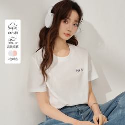 茵曼 全棉百搭宽松短袖T恤女 米白色 M