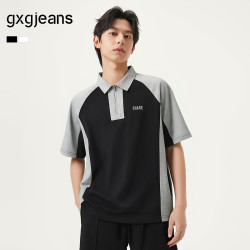 gxgjeans 男装  撞色拼接时尚宽松半拉链翻领短袖POLO衫25夏 黑/灰 XL (180)