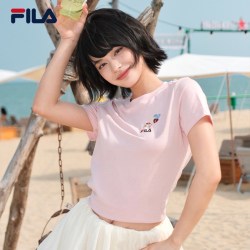 FILA 女款猫咪刺绣冰丝修身针织短袖