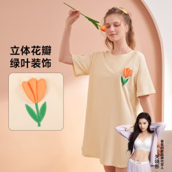 GOSO 女士睡裙简约花卉时尚家居服亲肤棉单件裙 浅黄