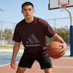 adidas 夏季红色宽松透气篮球运动半袖 T 恤休闲训练短袖上衣
