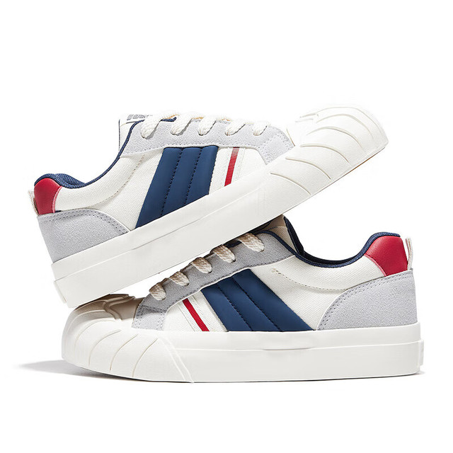 飞跃 Feiyue）帆布鞋女夏季潮流舒适撞色拼接运动休闲鞋子女士百搭学生厚底板鞋 米/灰/深蓝 35