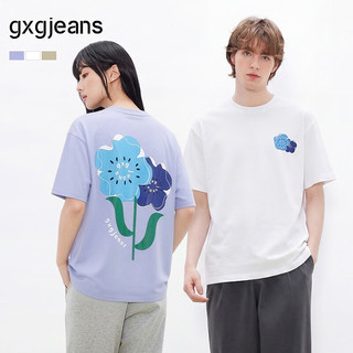 gxgjeans 男装后背花卉印花宽松圆领短袖T恤 蓝色 L