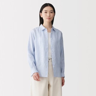 PLUS会员：無印良品 MUJI 女式 汉麻水洗衬衫领长袖衬衫女士女装衬衣 萨克森蓝条纹