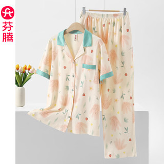 芬腾 FJ26921904 纯棉开衫短袖长裤家居服套装 虾色 XL
