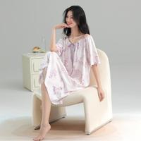 玛伦萨 100%纯棉睡裙女夏薄款短袖中长款连衣裙花卉宽松露肩性感睡裙