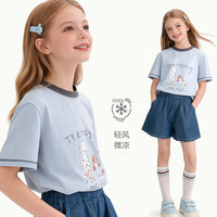 多妙屋 女童短袖t恤夏季新款儿童上衣大童青少年洋气打底衫82028冰蓝160