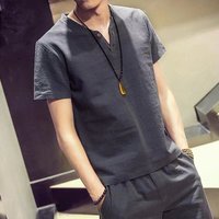邺风 亚麻V领短袖T恤 中国风男装 2件装