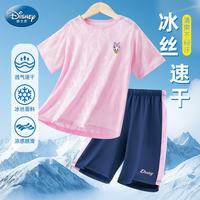 移动端、京东百亿补贴：迪士尼 女童短袖套装儿童速干衣冰丝短袖t恤运动套装女孩DL160385 粉140