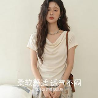 欧迪芬 气质荡领褶皱收腰正肩短袖女士打底衫