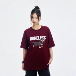 BONELESS 长毛腊肠小狗短袖T恤纯棉宽松圆领趣味夏季新款体恤男女 黑色 L