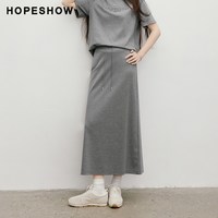 红袖 系带松紧腰拼接后开叉直筒半身裙