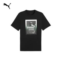 PUMA 纯棉宽松白色印花休闲短袖T恤男子夏季款运动上衣 690666 黑色-01 M (175/96A)