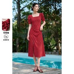 尚都比拉 夏季法式方领修身开叉中长裙高级感显瘦气质