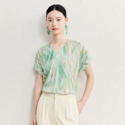 菲妮迪 夏季休闲V领短袖印花百搭显瘦透气亲肤女式衬衫