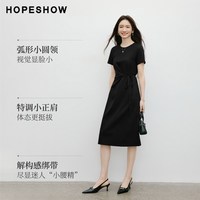 红袖 解构绑带压褶拼接 正肩短袖圆领连衣裙