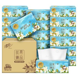 国家补贴：清风 抽纸丝柔臻品4层加厚80抽18包实惠整箱装