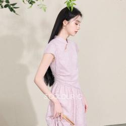 三彩 不染烟霞剪花立领短袖A字连衣裙