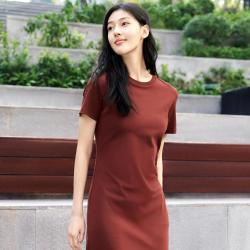 FILA 女装连衣裙女士时尚休闲百搭开叉显瘦修身圆领针织短袖连衣裙