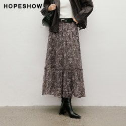 红袖 女士佩斯利印花雪纺木耳边松紧腰A字半身裙 90126051501