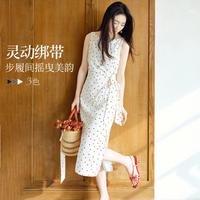 红袖 女装连衣裙 撞色波点印花雪纺绑带压褶无袖船领