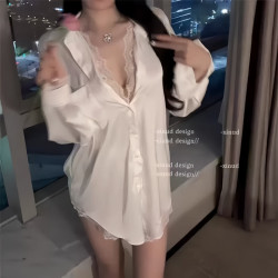 FOURDATRY 男友风衬衫冰丝性感大码睡衣纯欲女蕾丝缎面假睡裙家居服