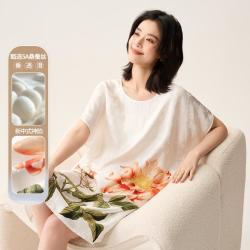 HAILIN 中国风100%重磅桑蚕丝睡裙宽松云感提花浮光锦缎面T恤连衣裙
