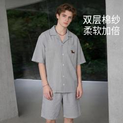 舒雅 春夏男士睡衣刺绣开衫家居服高品质外穿