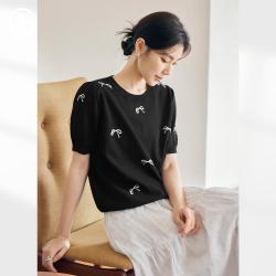 DUIBAI AN大码系列 女式短袖针织衫 花蝶霓裳提花设计感泡泡袖
