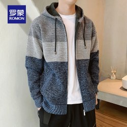 罗蒙 男士连帽开衫卫衣 羊羔绒加厚保暖针织拉链毛衣外套