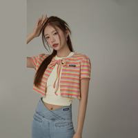 CHUU 彩虹条纹短袖外套 女士华夫格小香风系带夹克 粉条纹 均码