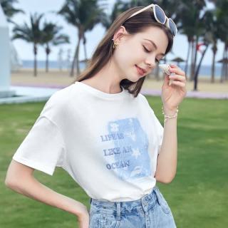 百图 女装夏新款T恤海洋珠片绣印花短袖宽松纯棉T恤女2304T20 白色 M