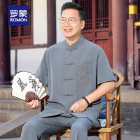 罗蒙 唐装男2026夏季中老年爸爸男士夏装套装短袖男爷爷两件套新中式 2509深灰色男套装