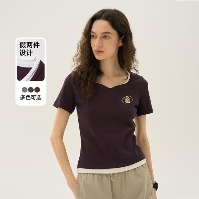 TEENIE WEENIE 小熊女装夏季波浪领休闲撞色假两件短袖T恤修身上衣 xs