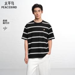 太平鸟 男装时尚撞色条纹短袖T恤2026夏新款小熊 黑色 L