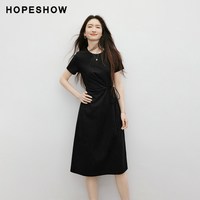 移动端：红袖 解构绑带压褶拼接正肩短袖圆领小黑裙