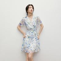 限尺码：红袖 夏季女装 欧若风 泡泡袖V领雪纺连衣裙