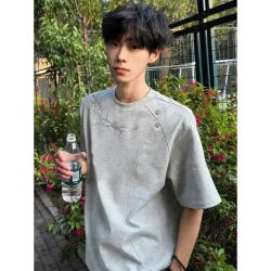 灿图 美式铆钉荆棘刺绣短袖T恤 男 灰色 XL