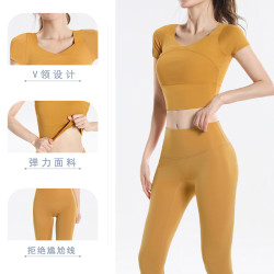 运动上衣女速干短袖带胸垫瑜伽服